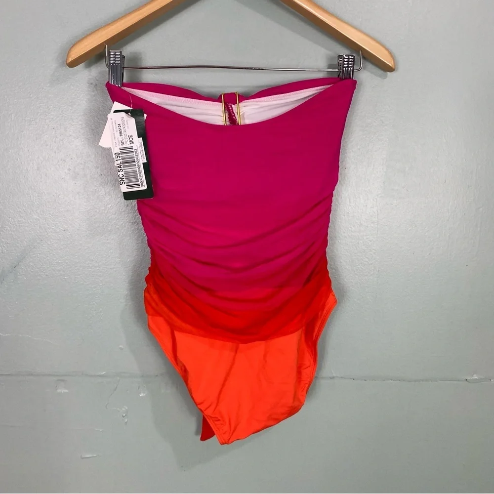 Lauren Ralph Lauren Pink Ombre One Piece Bikini Swimsuit Embellished Halter Sz S